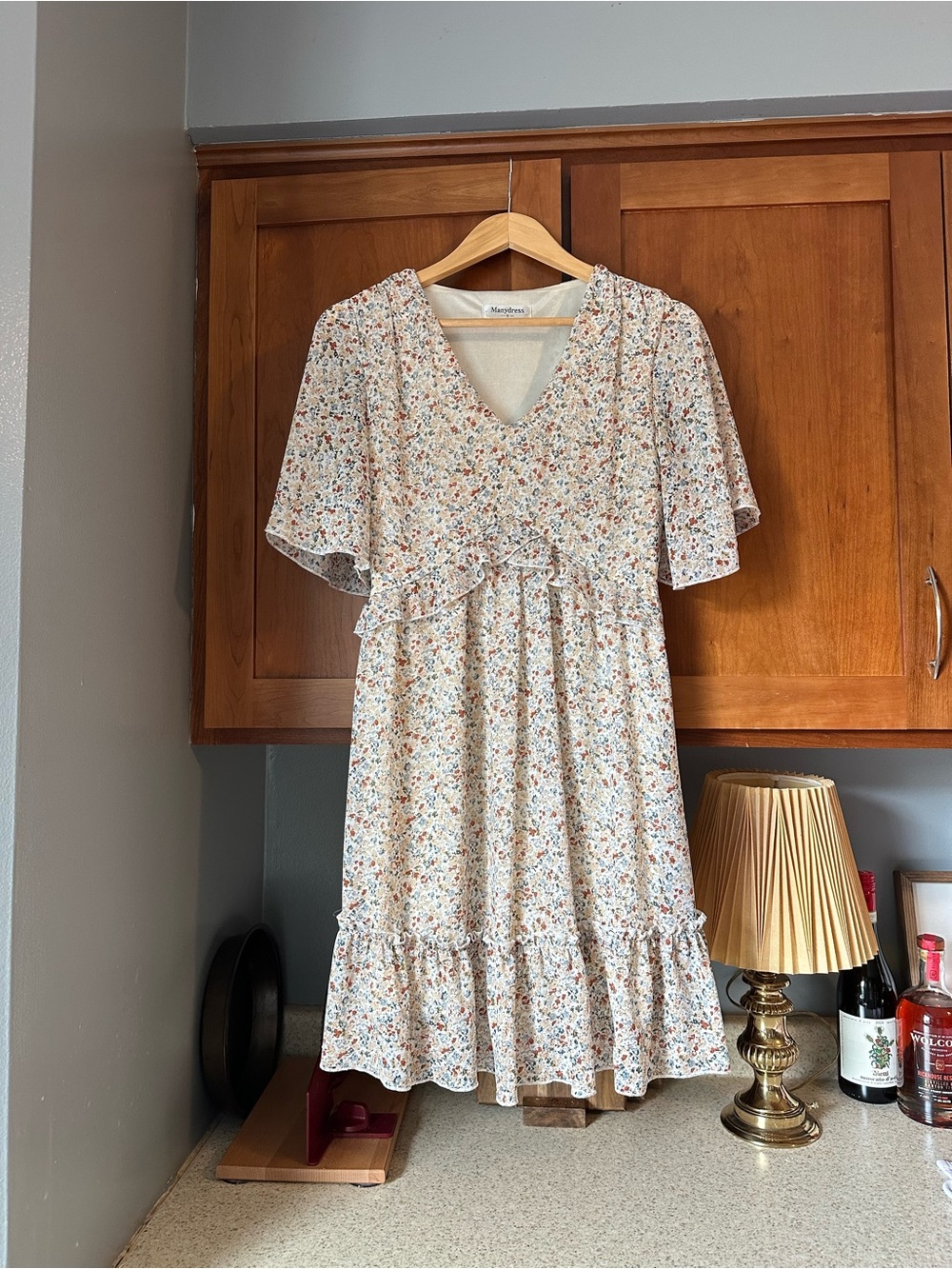 Cream Floral Ruffled V-Neck Dress